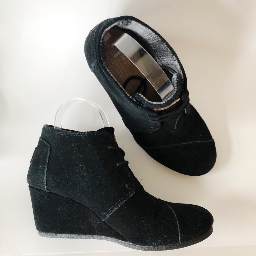 Toms Black Suede Kala Booties Wedge Lace Up 9